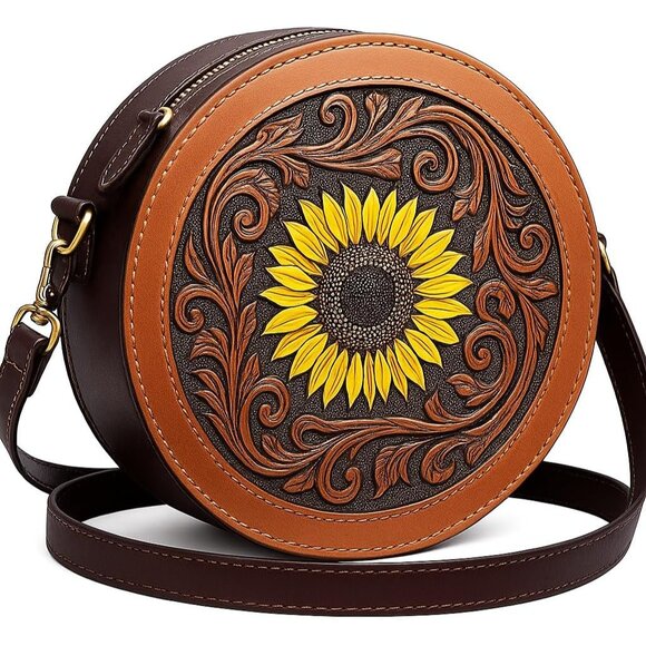 Western Handmade Leather Sunflower Crossbody Purse for Women - Adjustable Strap